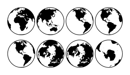 Earth globe silhouettes set with continents and Antarctica for geography and travel logo © MdAkbar