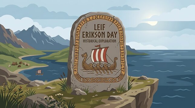 Norse Runestone with Longship Carving and Leif Erikson Day Text, Viking History and Exploration Flat Vector Illustration
