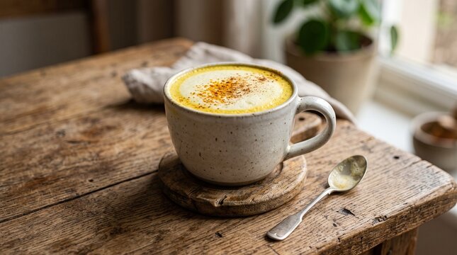 Goldene Milch-Haferdrink in einem Glas, keine Personen, nat&uuml;rlich tr&uuml;b.