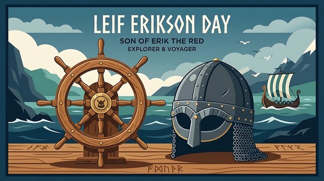 Norse-style helmet beside a wooden ship wheel, minimal Leif Erikson Day text, clean flat vector artwork