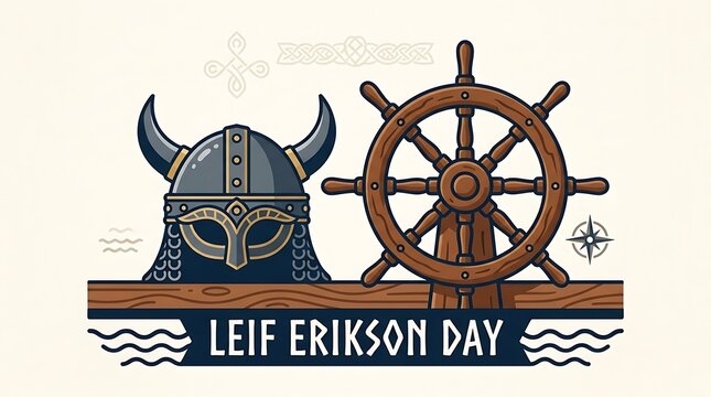 Norse Helmet and Wooden Ship Wheel with Leif Erikson Day Text, Viking Seafaring and Exploration Flat Vector Illustration