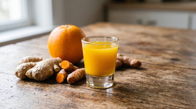 Ingwer-Shot mit Kurkuma in einem Glas, keine Personen, nat&uuml;rlich tr&uuml;b.