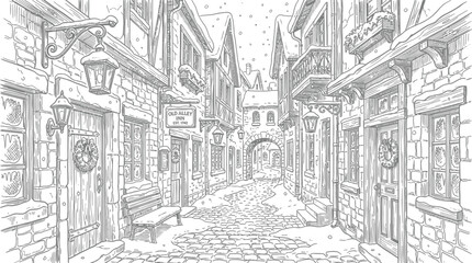 Obraz premium Vintage medieval street coloring page, monochrome winter village line art, old town alley pencil sketch background