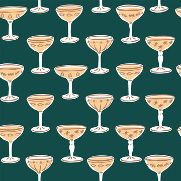 Seamless Christmas pattern with hand drawn champagne coupe glasses decorated with holly, stars and fir branches on a dark green background