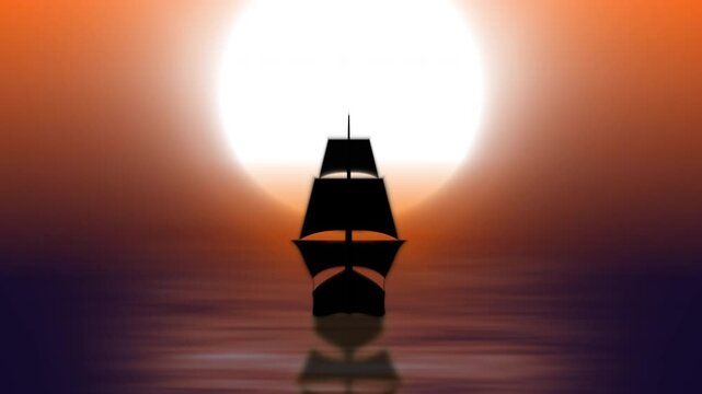 Columbus day concept with black ship silhouette under golden sunset light. Ideal for historical or travelthemed designs and educational materials.