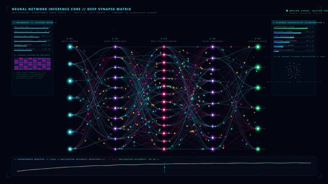 Ultra HD 4K artificial intelligence deep learning neural network background loop with forward backpropagation data pulses, loss gradient curves, and tensor HUD. 60fps.