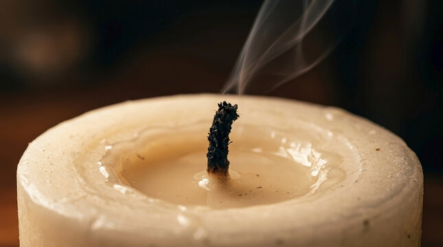Extinguished candle wick smoking with melted wax detail for calm aftermath, peaceful reflection, meditation background, home decor accent, and scented candle moment.