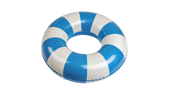 Blue and white striped inflatable swim ring pool float accessory isolated on transparent background