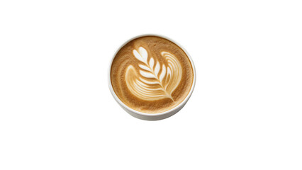 Ceramic mug filled with hot latte coffee art top view isolated on transparent background © Arthur