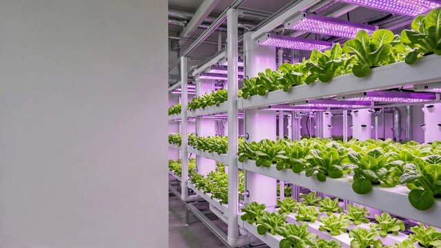 Indoor vertical hydroponic farm with green lettuce rows under LED grow lights