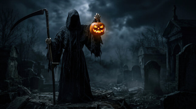 Hooded skeleton reaper holding glowing jack-o-lantern in dark graveyard cemetery landscape.