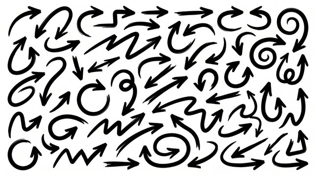 Set of various hand drawn black ink arrows on a white background with shapes directions isolated collection