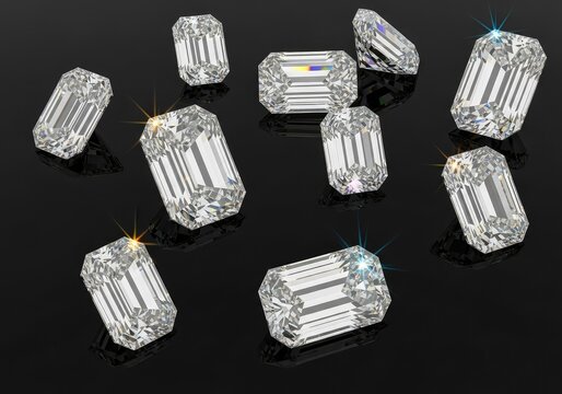A stunning close-up shot of emerald cut diamonds scattered across a sleek black surface, showcasing brilliant facets and sparkling light, still life, precious, reflection