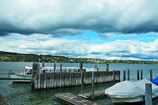 Switzerland - view of the port in Steckborn at the Untersee and town Gaienhofen