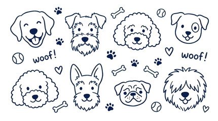 Obraz premium Cute hand drawn dog faces set isolated on transparent background