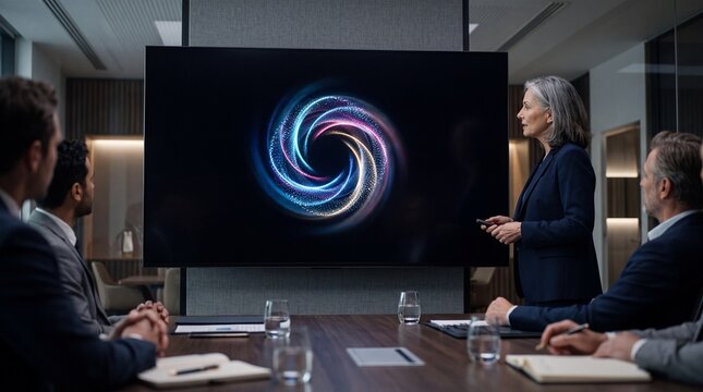 Business team presenting abstract glowing loading spinner on conference room screen