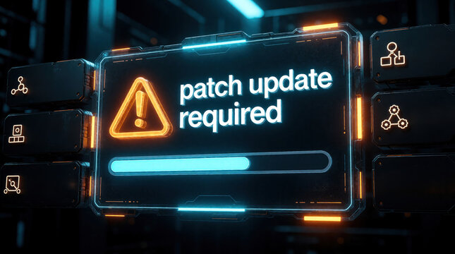 Digital screen shows patch update required notification with warning triangle icon. Blue progress bar loads system software maintenance in dark data center. Tech interface displays alert for critical