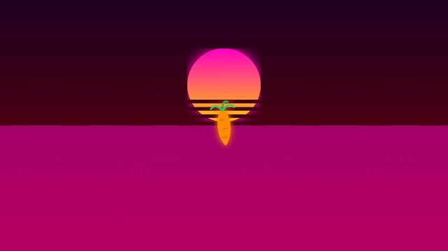 Retro synthwave sun and palm tree icons on magenta stripes