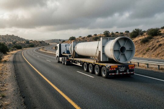 Heavy duty truck carries large industrial concrete columns on flatbed trailer along highway. Special oversized cargo transport moves through hilly landscape under cloudy sky. Freight delivery for