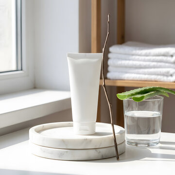 White Cosmetic Cream Tube on Marble Tray with Aloe Vera | Natural Skin Care Cosmetic Packaging Mockup by Window | Skincare Product Presentation with Glass of Water and Towels