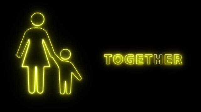 Neon yellow mother and child silhouette icon with the word together representing family bonding and unity on a black background