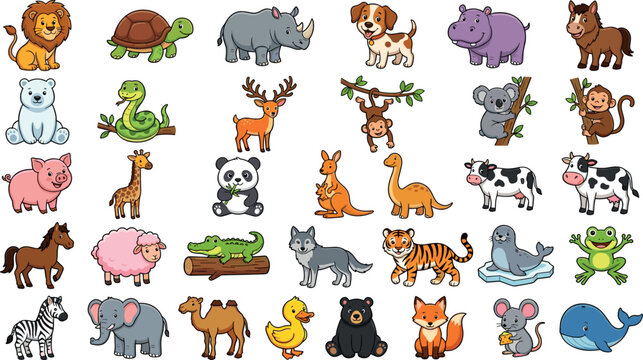Cute Cartoon Animal Mega Bundle Vector Icon Set Featuring Wild Safari Farm Marine Arctic and Jungle Creatures for Kids Graphic Designs
