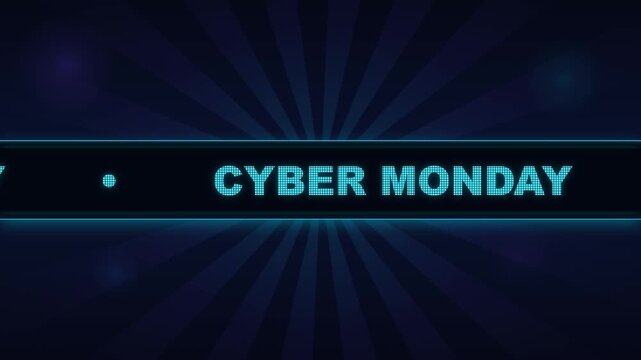 Futuristic neon LED running display board showing Cyber Monday in a continuous right-to-left marquee animation, surrounded by subtle neon lights and cinematic bokeh for a premium digital shopping and 