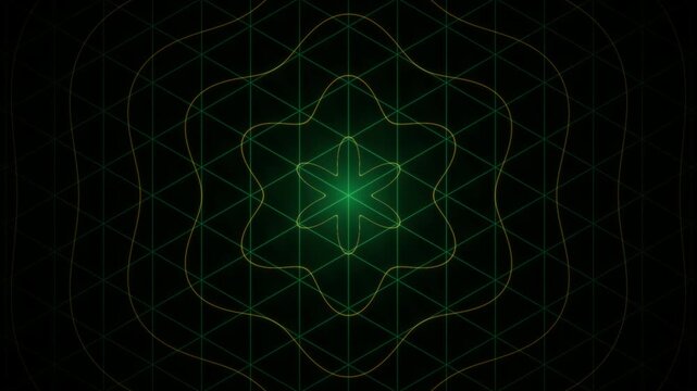 Abstract Green Crystal Lattice Loop with Glowing Geometric Waves and Triangular Grid. Futuristic Glowing Cyber Lattice Motion Background