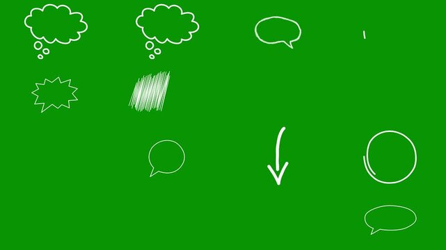 White animated scribble items grouped on green screen. This massive pack of sixteen designs features thick scribble textures, cute angel wings, sad faces, distinct arrows, and bubbles.