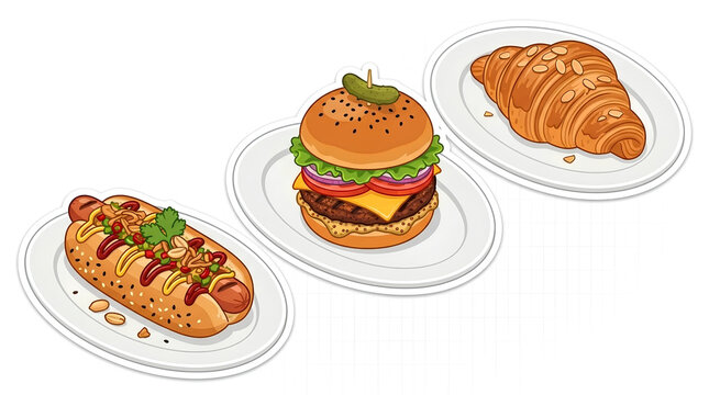 Set of isolated isometric fast food stickers featuring a gourmet hot dog with toppings, a beef cheeseburger with a pickle, and a buttery almond croissant on white oval plates, 