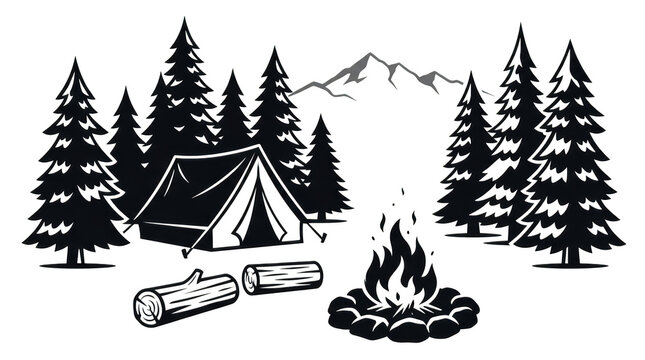 Camping scene with tent, campfire, and forest isolated on transparent background