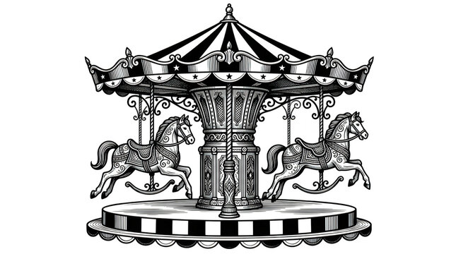 Vintage carousel with horses isolated on transparent background