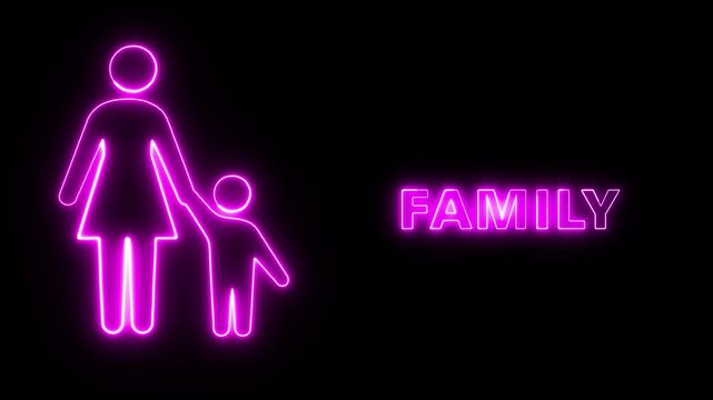 Neon Pink Glowing Illustration Featuring a Mother and Child Icon Symbolizing Family Love and Connection for Modern Graphic Design Projects