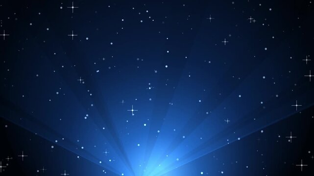 Abstract blue background with glowing light rays and twinkling stars pattern