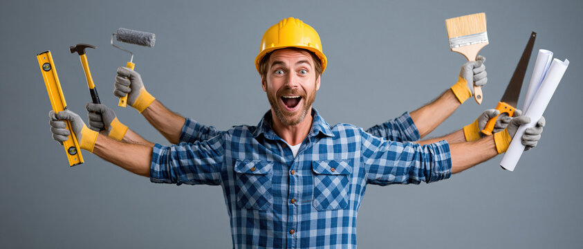 Humorous studio portrait of a smiling multi-armed builder handyman wearing a yellow hardhat and flannel shirt holding various construction tools and blueprints.