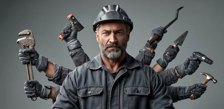 Studio portrait of a serious bearded multi-armed foreman builder wearing a hard hat and denim work jacket holding various heavy-duty construction tools.