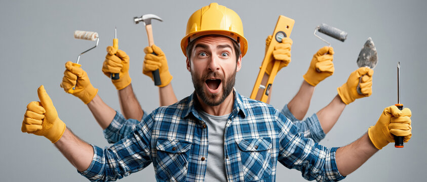 Humorous studio shot of an enthusiastic multi-armed builder handyman in a yellow hard hat giving thumbs up and holding various home improvement tools.