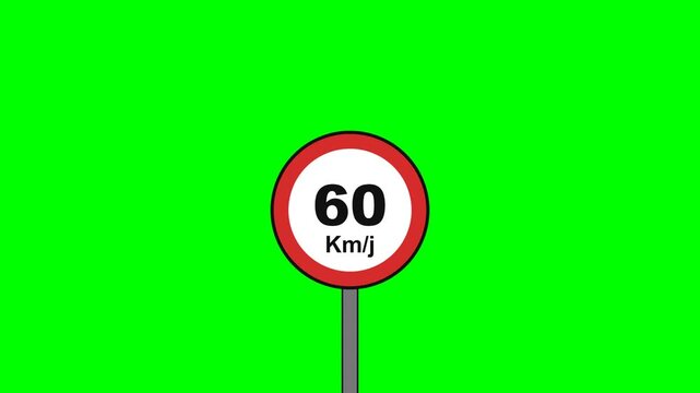 Speed limit sign 60 km per hour on green screen chroma key