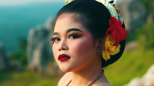 A striking close-up portrait of a dancer looking directly into the camera with an intense and captivating gaze, wearing full stage makeup.