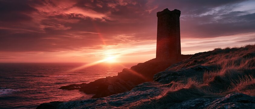 Dramatic crimson sunset ignites the sky behind a ruined medieval stone tower perched on a rocky coastal cliff. Perfect for history, travel, mystery, and epic landscape campaigns.