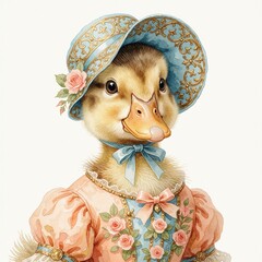 Obraz premium Cute duckling wears vintage pink dress with rose pattern, blue bonnet. Small yellow bird dressed in antique fashion style. Whimsical watercolor illustration of charming duck character for children