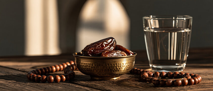 Spiritual stillness meets sacred ritual glossy Medjool dates in a hammered brass bowl, wooden prayer beads, and a glass of water evoke the quiet beauty of Ramadan iftar on a rustic wooden.