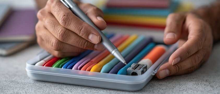 Close-up macro shot of hands placing a silver pen into a plastic pencil case filled with colorful pens, markers, and a sharpener on a study desk.
