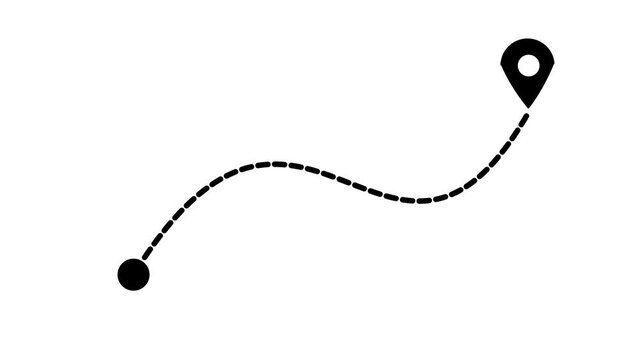 Animated dashed route line leading to map pin location on dark background. White navigation path with arrow and destination marker. Minimal travel and map concept 4k motion video.