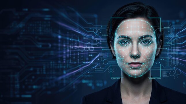 A woman with dark hair is being scanned by a facial recognition system. A digital overlay displays a grid highlighting her facial features, indicating biometric analysis.
