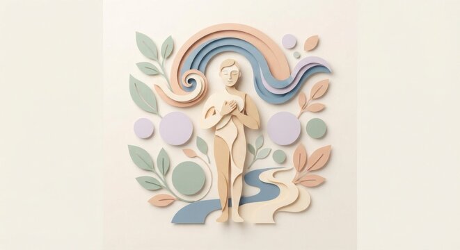 A serene papercut figure standing amidst colorful abstract waves and natural leaves, representing mindfulness, inner peace, and holistic health.
