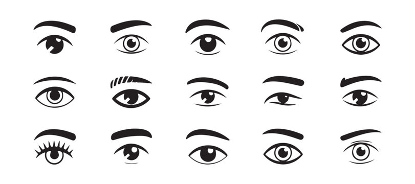 Different types of human eyes and eyebrows set with various expressions for character design sheet.