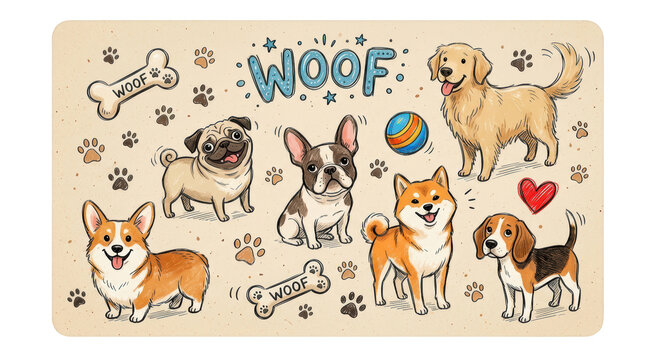 Cute cartoon dog breeds collection with bones and paw prints isolated on transparent background