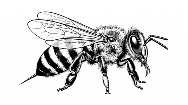 Detailed honey bee vector illustration black and white insect sketch isolated on white background
