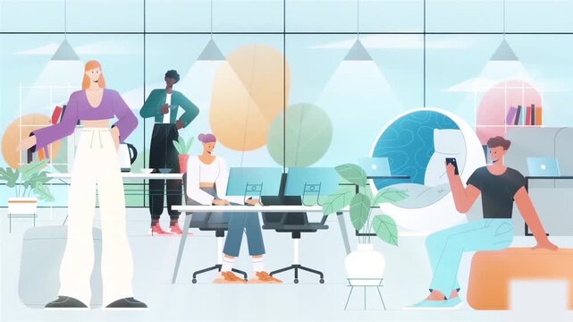 Diverse business team working collaboratively inside a modern corporate office interior featuring flat vector video animation motion graphics